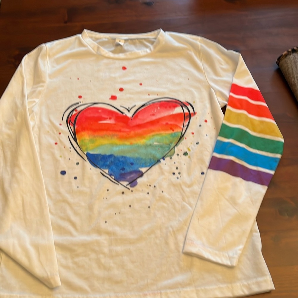 White long sleeve tshirt with rainbow heart and stripes